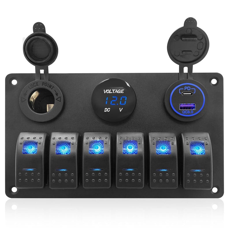THALASSA Marine Boat Rocker Switch Aluminum Panel Waterproof with 6 Gang Blue LED Switches, 3.1A Dual USB Outlet, Red Digital Voltage Display, DC 12V Car Power Socket for Car Truck RV Vehicles Yacht - Image 1
